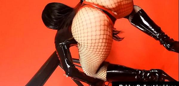  Black Latex Babe RubberDoll Fingers Her Hairy Wet Pussy!